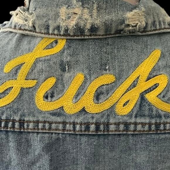 NWOT RARE Unif Embroidered “F*ck U” Denim Oversized Slim Cut Vest Size Medium - Picture 6 of 12